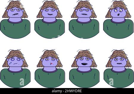 Espressioni facciali Zombie. Ragazza carina con varie emozioni vettore illustrazione piatta. Illustrazione Vettoriale