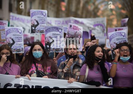 Malaga, Spagna. 08th Mar 2022. Le donne gridare slogan e tenere cartelli come prendono parte a uno sciopero femminista studenti.il principale sindacato studenti celebra la Giornata Internazionale della Donna con uno sciopero generale, centinaia di studenti dimostrano contro la violenza femminile. Le organizzazioni femminili tornano in piazza con una massiccia protesta durante il 8th marzo dopo aver rilassato le misure contro la pandemia del coronavirus. Credit: SOPA Images Limited/Alamy Live News Foto Stock