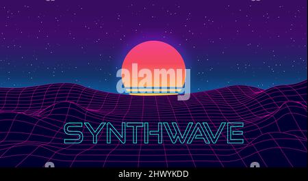 Paesaggio skyline con griglia di luce al neon, sole e montagne. fantascienza, illustrazione futuristica. A onde di retrofondazione, a onde di sintesi o a onde di vaporizzazione anni 80 Illustrazione Vettoriale