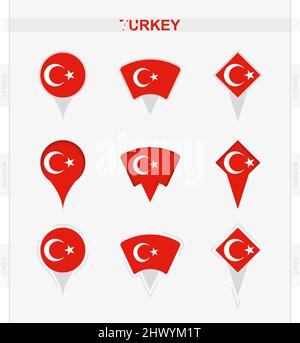 Bandiera della Turchia, insieme di icone dei pin di posizione della bandiera della Turchia. Illustrazione vettoriale dei simboli nazionali. Illustrazione Vettoriale