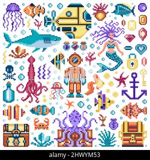 Pixel Underwater World retro Game Sprites Set Illustrazione Vettoriale