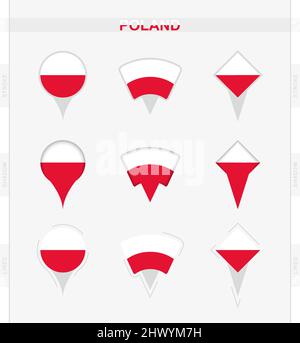 Bandiera della Polonia, insieme di icone dei pin di posizione della bandiera della Polonia. Illustrazione vettoriale dei simboli nazionali. Illustrazione Vettoriale