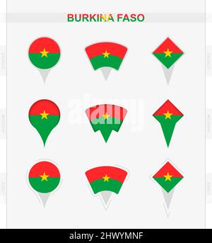 Bandiera del Burkina Faso, insieme di icone di posizione della bandiera del Burkina Faso. Illustrazione vettoriale dei simboli nazionali. Illustrazione Vettoriale