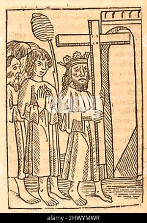 Legno del 15th secolo che mostra l'esaltazione della vera croce stampata da William Caxton ( 1422-1491/92) nella sua traduzione di 'la leggenda d'Oro' o 'così ande la legenda di nome in Latyn legenda aurea che è di saye in Englysshe la legenda d'Oro' di Jacobus, de Voragine, (circa 1229-1298). Foto Stock