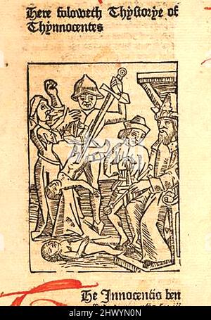 Legno del 15th secolo che mostra il massacro degli innocenti di Erode il Grande, re di Giudea, stampato da William Caxton (1422-1491/92) nella sua traduzione di 'la leggenda dorata' o 'così endeth la legende chiamata in Latyn legenda aurea che è di saye in Englysshe la legende dorata' da Jacobus, De Voragine, (circa 1229-1298). Foto Stock