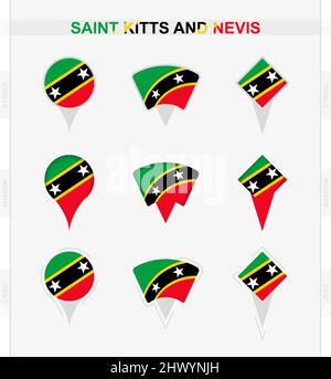Bandiera di Saint Kitts e Nevis, serie di icone di posizione di Saint Kitts e Nevis bandiera. Illustrazione vettoriale dei simboli nazionali. Illustrazione Vettoriale
