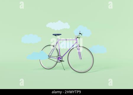 moto retrò con nuvole piatte intorno. concetto minimalista per corsa, sport, estate e attività. 3d rendering Foto Stock