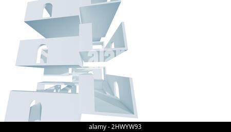 Struttura astratta della torre isolata su sfondo bianco, livelli vuoti con scale e porte ad arco, illustrazione di 3D rendering Foto Stock