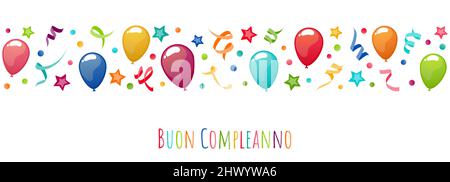 banner file di illustrazione vettoriale eps con auguri di compleanno (testo italiano) con palloncini, streamer, confetti e stelle per il compleanno e festa tempo co Illustrazione Vettoriale