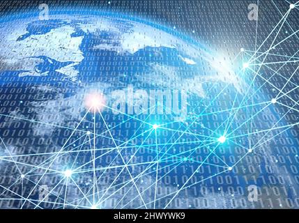 Immagine che simboleggia le connessioni Internet sulla planteta di terra, e codice binario Foto Stock