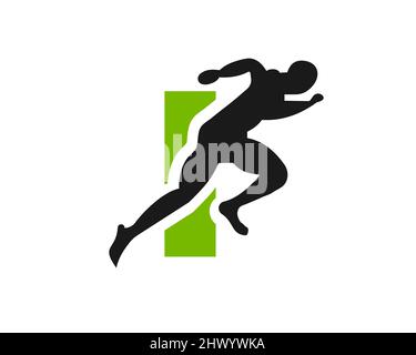 Vista frontale Sport Running Man sul logo lettera I. Modello con logo Silhouette uomo running per maratona, modello, club running o logo Sports Club Illustrazione Vettoriale