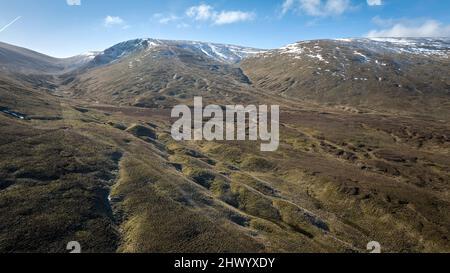 Vista aerea di Talla e Gameshope progetto di restauro habitat in corso di realizzazione da parte del Borders Forest Trust. Piantatrice ad albero singolo per scala inferiore DX. Foto Stock