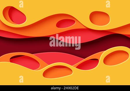 Carta taglio sfondo con onde e buco. Sfondo astratto giallo arancio rosa e rosso scuro 3D con strati ondulati lisci. Modello poster orizzontale Illustrazione Vettoriale