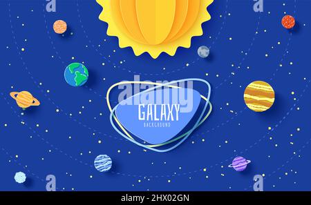 Sistema solare modello in carta taglio stile. Pianeti cartoni animati, razzo poligonale rosso e origami UFO. 3d sfondo vettoriale con disco volante in notte stellata Illustrazione Vettoriale