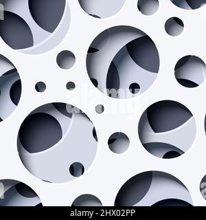 Sfondo astratto con cerchi ritagliati di diverse dimensioni in stile di taglio della carta. Sfondo a 3D strati con fori rotondi. Illustrazione della scheda vettoriale nella Illustrazione Vettoriale