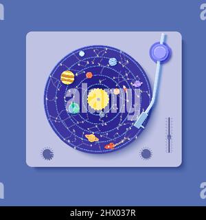 Gramophone con disco in vinile blu in carta tagliata. 3d illustrazione di costellazioni razzo e pianeti del sistema solare. Saturno Giove Venere Sole Illustrazione Vettoriale