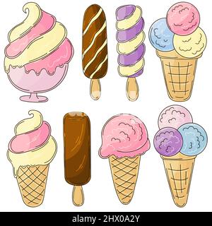 Set di illustrazioni vettoriali in stile disegno a mano. Dolci, gelato. Collezione di icone, spille, insegne, adesivi. Gelato in una tazza, in un vaso, Illustrazione Vettoriale
