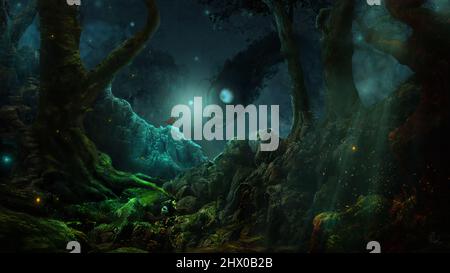 Paesaggio fantasy oscuro di un eroe che incontra un mostro Foto Stock