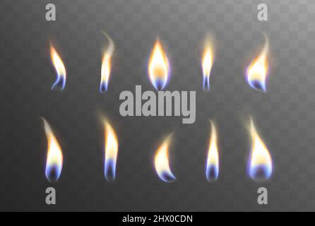 Candela fuoco fiamma illumina diverse forme collezione su sfondo scuro trasparente. Set di fiamme brillanti o fiamme incandescenti. Design vettoriale realistico a lume di candela per il compleanno. Illustrazione Vettoriale