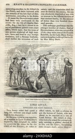 Pagina dal Calendario Newgate, esecuzione di Lord Lovat, decapitato per l'Alto motivo Foto Stock