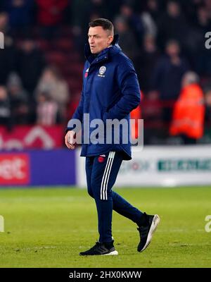 Paul Heckingbottom, direttore dello Sheffield United alla fine della partita del campionato Sky Bet a Bramall Lane, Sheffield. Data foto: Martedì 8 marzo 2022. Foto Stock