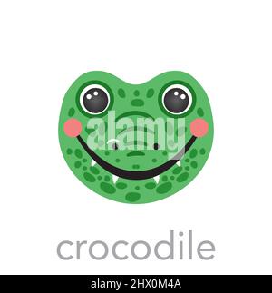 Crocodile Portrait carino con nome testo sorriso testa cartone animato forma rotonda animale faccia, isolato vettore icone illustrazioni. Avatar piatto semplice disegnato a mano per i bambini poster, carte, t-shirt, vestiti per bambini Illustrazione Vettoriale
