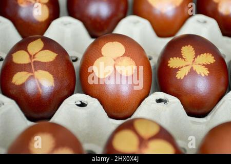 Uova di Pasqua tinte naturalmente con bucce di cipolla Foto Stock