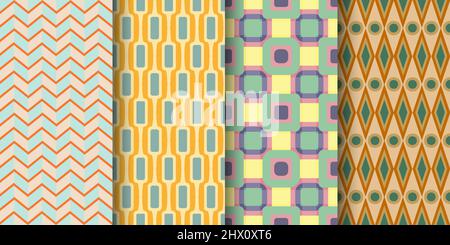 Set piatto retro vintage geometrico senza cuciture. Tessuti saturi motivo tessuti abiti design muro mobili. Motivi scandinavi carta da parati gadget camera interni arredamento casa ornamento alla moda Illustrazione Vettoriale