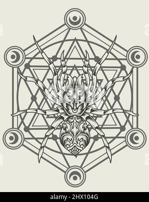 illustrazione vettore ornamento ragno stile con geometria sacra Illustrazione Vettoriale