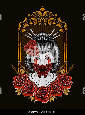 illustrazione vettore geisha donna con antico ornamento rosa Illustrazione Vettoriale