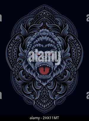 illustrazione testa di gorilla vettoriale con ornamento da incisione vintage Illustrazione Vettoriale