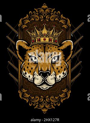 illustrazione cheetah re con ornamento vintage stile Illustrazione Vettoriale