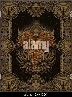 illustrazione testa di elefante con stile ornamento di mandala d'epoca Illustrazione Vettoriale