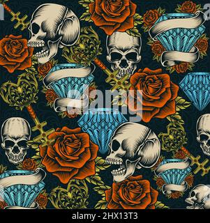 Sfondo vintage senza cuciture con motivo a rose con diamante cranio Illustrazione Vettoriale
