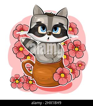 Un divertente Raccoon si siede in una tazza. Carino comico animale. Bellissimi fiori rossi. Stile carino dei cartoni animati. Clispart illustrazione bambini isolato su fondo bianco Illustrazione Vettoriale