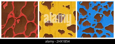 Struttura in metallo arrugginito con fori, design di gioco ruggine. Fondo vettoriale senza cuciture ricoperto con vernici rosse, gialle e blu e macchie ferruginose su superficie metallica ruvida, illustrazione cartoon in ferro, set Illustrazione Vettoriale