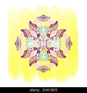 Un motivo di design intricato e dipinto a mano con curve e linee rette su sfondo giallo spazzolato quadrato Foto Stock