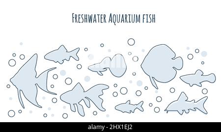 Acquario pesce bordo linea arte stile. Elemento di disegno, illustrazione vettoriale piatta Illustrazione Vettoriale