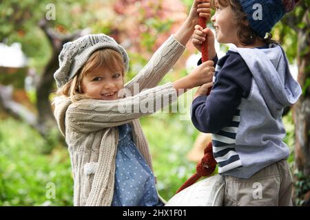 Divertimento con mio fratello. Scatto di due bambini carini che giocano sulle oscillazioni di pneumatico nel loro giardino. Foto Stock