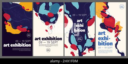 Poster di esposizione d'arte con disegno astratto della pittura. Banner verticali vettoriali, volantini di invito al museo o alla galleria con sfondo creativo alla moda con colori colorati e forme disegnate a mano Illustrazione Vettoriale