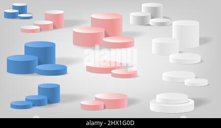 Set collezione di palco o piattaforma per espositore isolato di prodotti in più colori, bianco blu pesca rosa. Modello 3D mockup desi Illustrazione Vettoriale