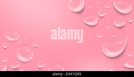 Display superficiale di bellezza minimale con gocce d'acqua realistiche 3D, gocce, bolle, rugiada, pioggia in morbido colore rosa pastello. Illustrazione vettoriale de Illustrazione Vettoriale