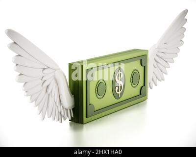 Dollaro fittizio con ali d'angelo isolate su sfondo bianco. 3D illustrazione. Foto Stock