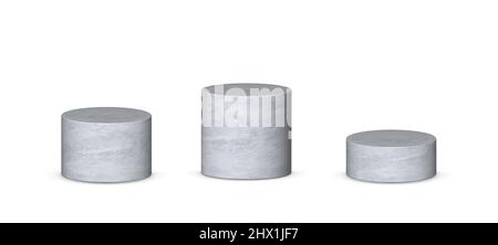 Set di supporti per cilindri 3D grigio realistico isolato su bianco. Illustrazione Vettoriale