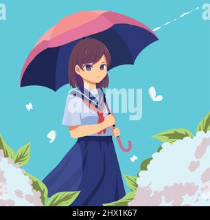 studente anime con ombrello Illustrazione Vettoriale