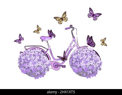 Disegno a mano stampa disegno. Bicicletta con ruote di fiori. Ciao primavera. Illustrazione vettoriale Illustrazione Vettoriale