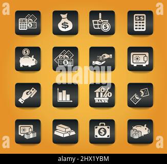 simboli di mano e denaro su pulsanti neri su sfondo giallo Illustrazione Vettoriale