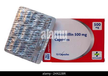 Confezione blister di Amoxicillin Capsules 500 mg antibiotici Noumed utilizzati per trattare un certo numero di infezioni batteriche - capsule antibiotiche, pillole antibiotici Foto Stock
