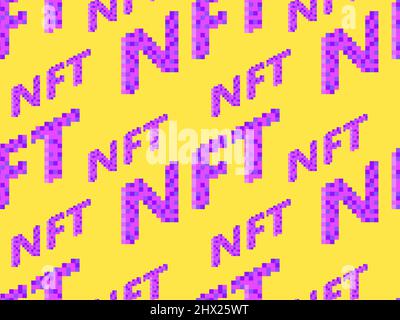 NFT token pixel ART testo isometrico pattern senza giunture. Token non-fungibile NFT. Arte digitale nella tecnologia blockchain. Design per striscioni e promozioni Illustrazione Vettoriale