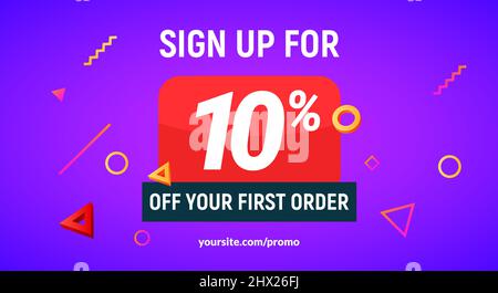 Codice coupon sconto segno in su offerta pubblicitaria. Sconto promozione tag flyer 10% di sconto promozione Illustrazione Vettoriale